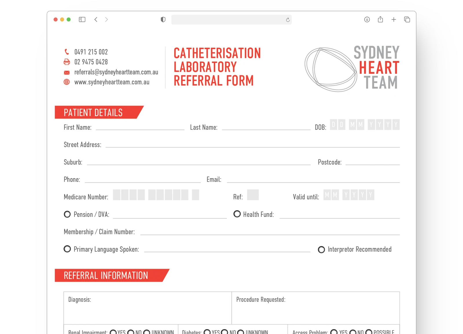 CATHETERISATION LABORATORY FORM